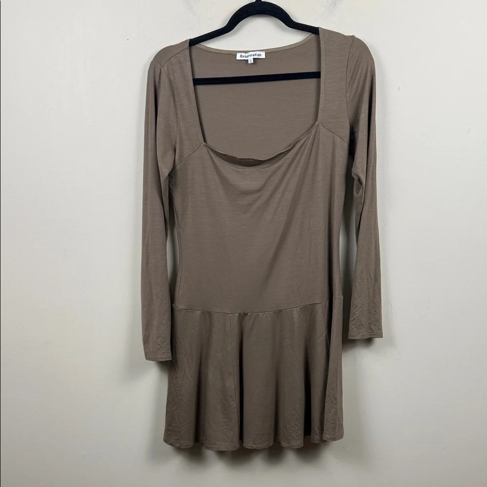 Reformation coen Brown Long Sleeve Square Neck Fit & Flare Mini Dress medium - Picture 2 of 8